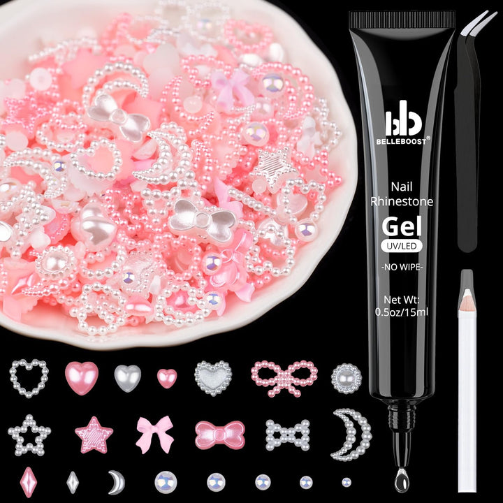 1200Pcs 3D Multi Shapes Nail Charms and Flatback Pearls, White&Pink Mix Styles Heart Star Bow Sunflower Embellishments for Nail Art, Craft and Decoration with Tweezer and Pickup Pencil