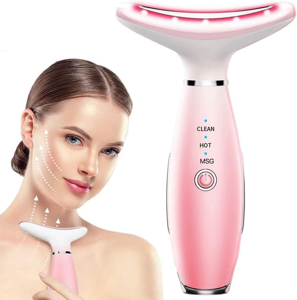 Face Massager -7 Color Red-Light-Therapy for Face and Neck for Wrinkles, Double Chin, Vibrating Facial Massager with Thermals (Pink)