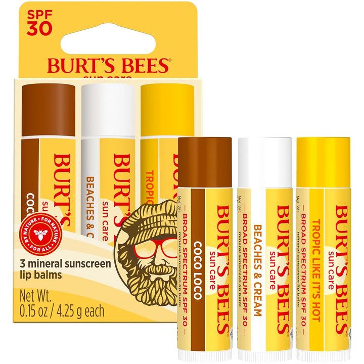 Burt’S Bees SPF 30 Lip Balm, Island Getaway - Coco Loco, Beaches & Cream, Tropic like It'S Hot, Water-Resistant Sun Care, Natural Origin Lip Treatment, 3 Tubes, 0.15 Oz