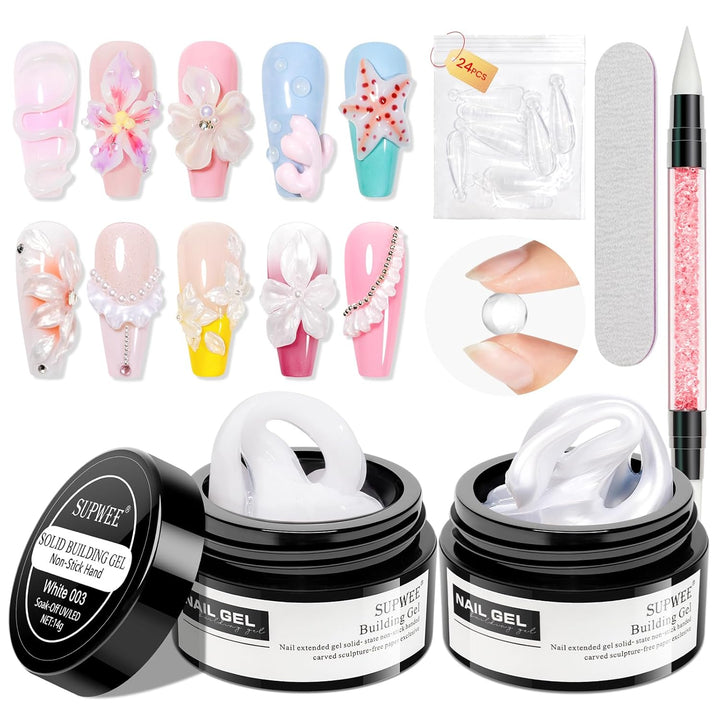 3D Nail Art Gel Clear and White Solid Builder Gel for Nails Non-Stick Hand Sculpture Hard Gels with Dual Form for Carving Patterns Decoration Nail Art Home Manicure DIY for Women