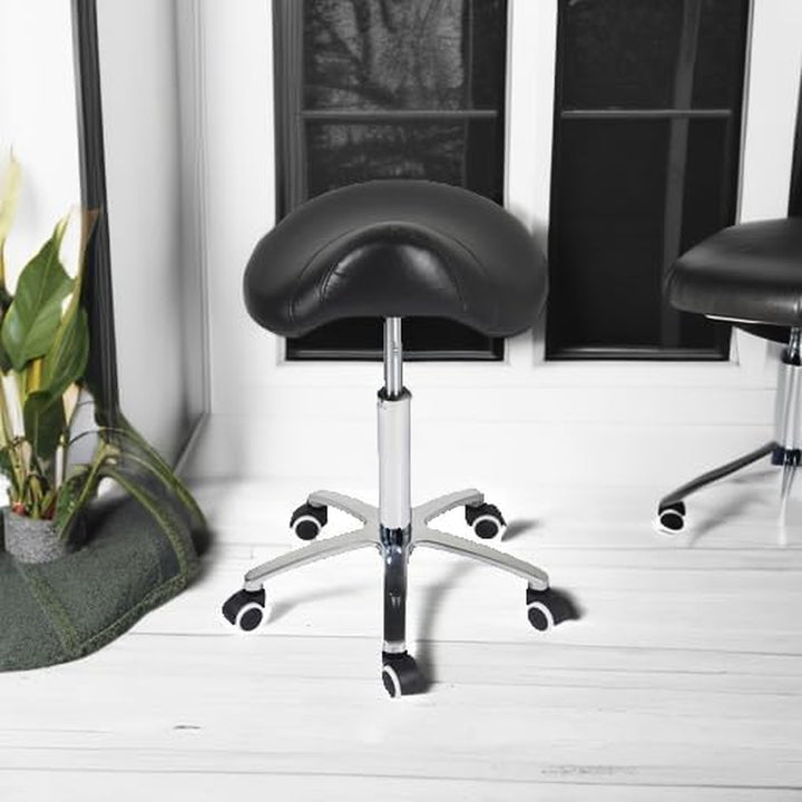 Saddle Stool Rolling Chair for Medical Massage Salon Kitchen Spa Drafting,Adjustable Hydraulic Stool with Wheels (Without Backrest, Black)