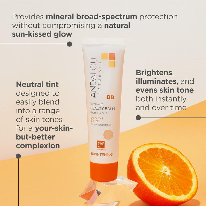 Vitamin C BB Beauty Balm Sheer Tint SPF 30 - 2-In-1 BB Cream & Mineral Sunscreen for Face - with Non-Nano Zinc Oxide Skin Protection - 2 Fl Oz