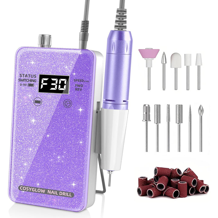 Professional Electric Nail Drill File: Glitter Portable Cordless E-File Nail Drill Kit with 11 Drill Bits,30000 RPM Rechargeable Nail Drills Machine for Acrylic Nails Gel Polishing (Pink)
