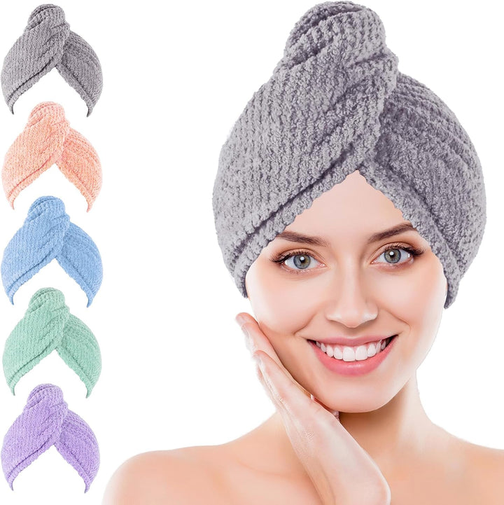 Soft Microfiber Hair Drying Towel Wrap, 5 Pack Elastic Hair Turbans for Fast Drying, Ideal for Women, Curly Wet Hair
