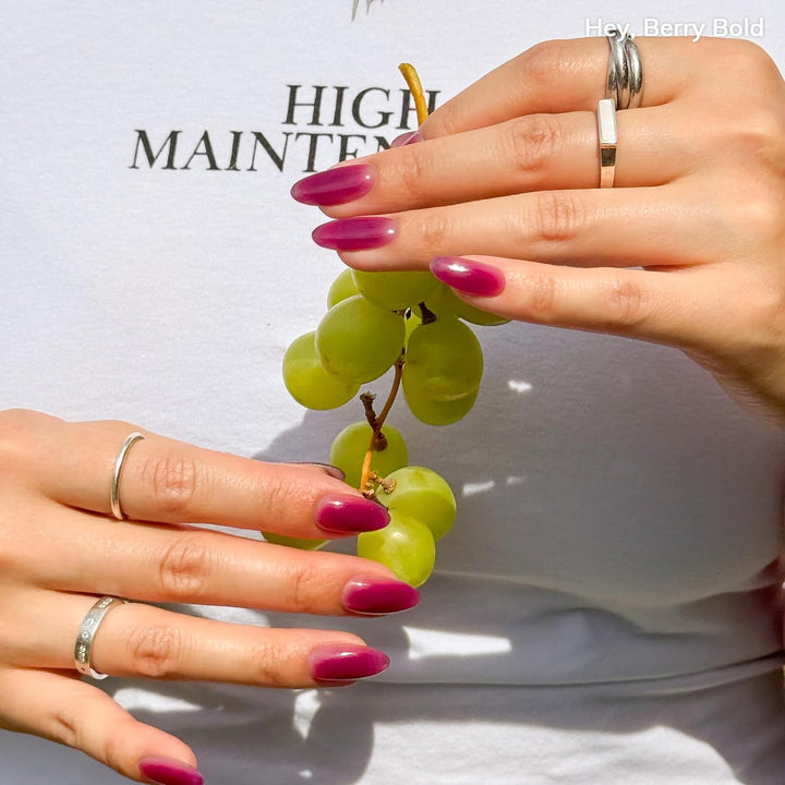 Semi Cured Gel Nail Strips | No LED Lamp Needed | Fall, Jelly, Purple | Easy Apply & Remove, Salon Quality | Includes 28 Strips, 1 Prep Pads, Nail File & Wooden Stick - Hey, Berry Bold