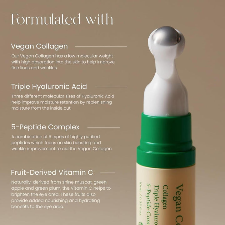 Vegan Collagen Eye Serum - K Beauty Triple Hyaluronic Acid & Peptide Collagen Serum Improve Skin Elasticity, Reduce Fine Lines & Dark Circles - Vegan Korean Skin Care Eye Cream - 0.33 Fl. Oz.