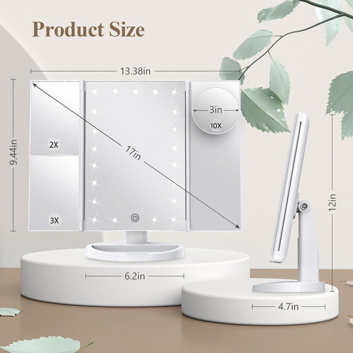 Makeup Mirror Vanity Mirror with Lights, 2X, 3X, 10X Magnification, Touch Control, Trifold, White, 9.4" L X 13.4" W, Modern Style, Dresser Mount, Bathroom