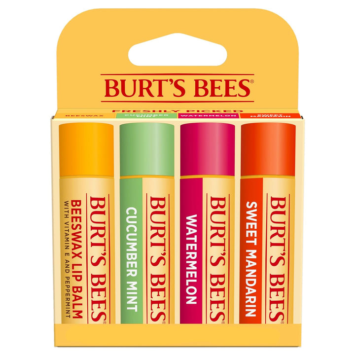 Lip Balm - Pink Grapefruit, Mango, Coconut & Pear, and Pomegranate Pack, Lip Moisturizer with Beeswax, Tint-Free, Natural Origin Conditioning Treatment, 4 Tubes, 0.15 Oz.