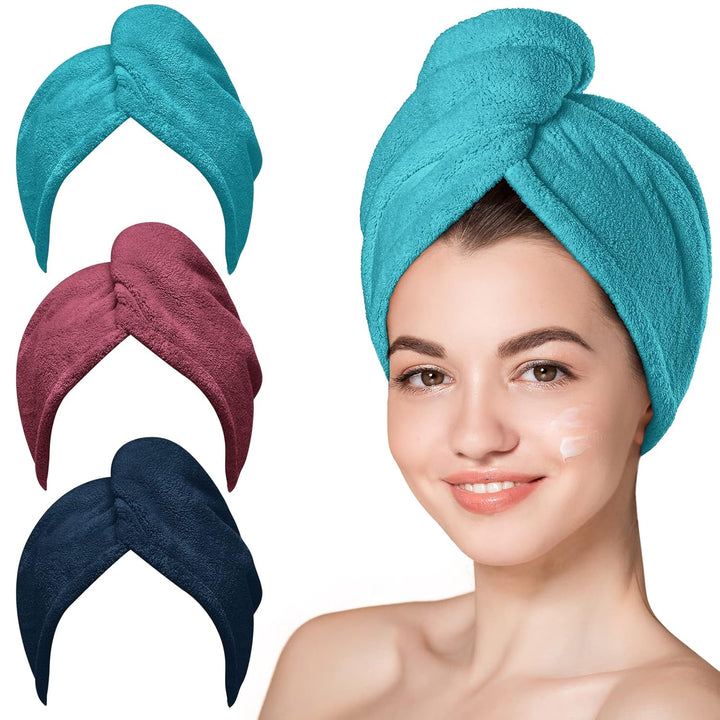 Microfiber Hair Towel,Turbans for Drying Wet Hair, anti Frizz Hair Wrap Towels for Curly Hair Women (Blue,Grey,Pink) , 3 Packs