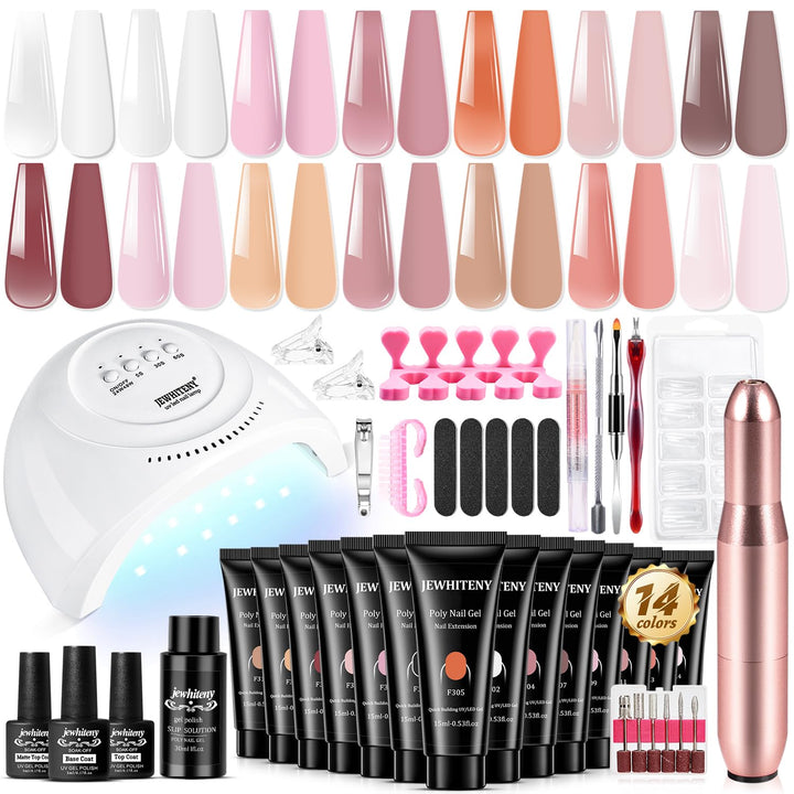 Poly Extension Gel Nail Kit 14 PCS Poly Gel Kit with Slip Solution and Mini Lamp Nail Art Design Beginner