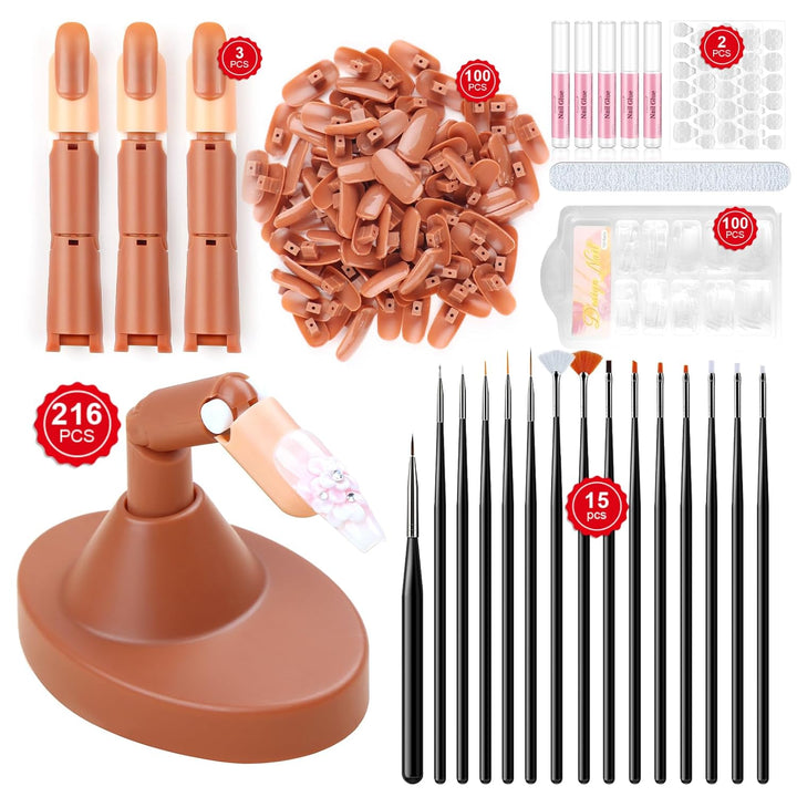 Practice Hand for Acrylic Nails, Flexible Moveable Fake Hands, Manicure Trainng Hand Nail Kit for Beginners, Movable Nail Maniquin Hand with 200PCS Nail Tips, Nail Glues, Brush and Clipper