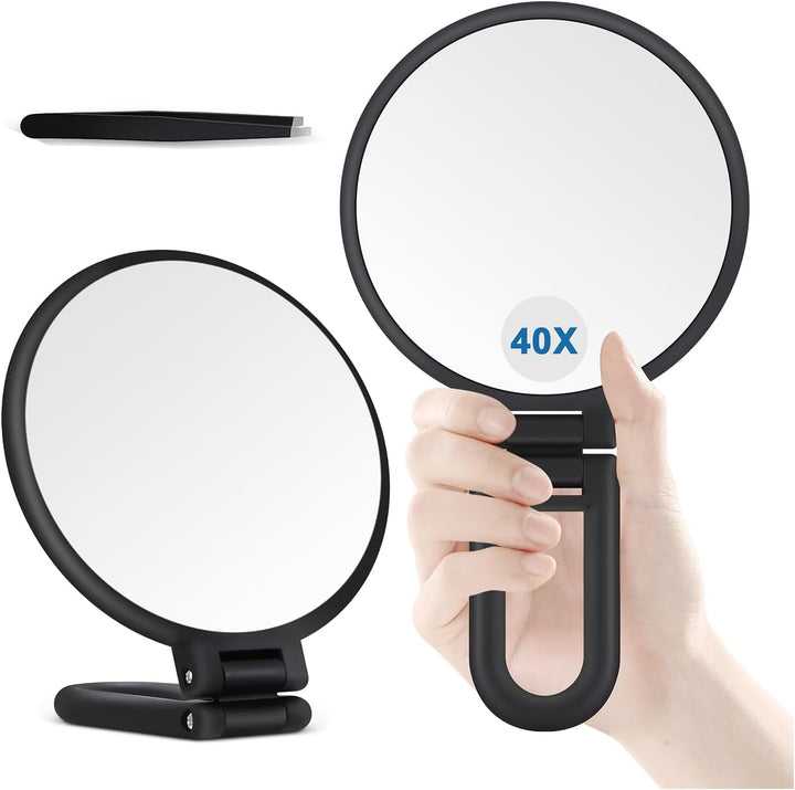 30X Magnifying Mirror, Hand Mirror with Handle, Double Sided Hand Mirror with 30X/1X Magnification, Travel Essential Portable Foldable Makeup Mirror for Precision Makeup Black
