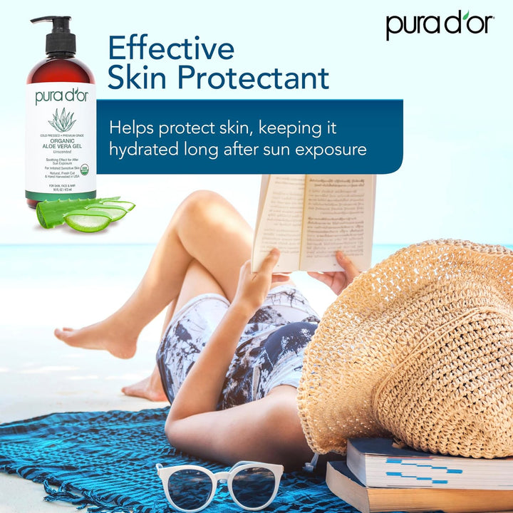 16 Oz ORGANIC Aloe Vera Gel - Unscented - All Natural - ZERO Artificial Preservatives - Deeply Hydrating & Moisturizing - Sunburn, Bug Bites, Rashes, Small Cuts, Eczema Relief - Skin & Hair