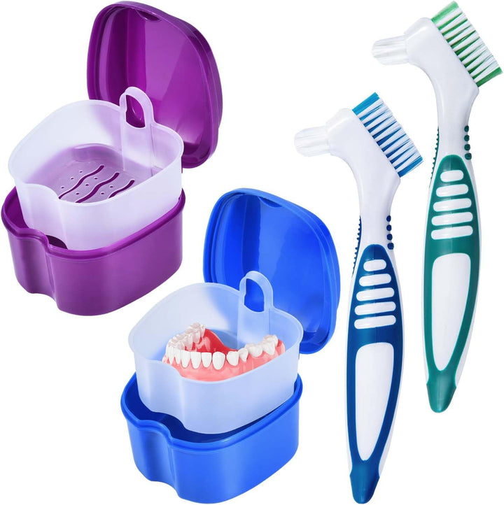 2 Pack Denture Bath Case Cup Box Holder Storage Container with Denture Cleaner Brush Strainer Basket for Travel Cleaning (Light Blue and Blue)