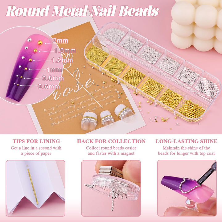 2 Boxes Flatback Pearls (White+Beige) and Metal Nail Beads (Silver+Gold) for Nail Art, Luxurious Pearl Nail Charms and Gems and Small round Caviar Beads Nail Accessories for Acrylic Nail Tips Manicure