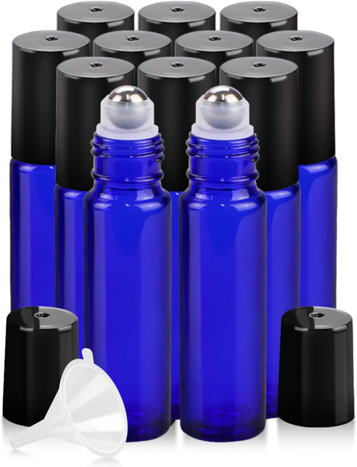 4 Pack Essential Oil Roller Bottles, 10Ml Refillable Amber Glass Roller Bottles with Stainless Steel Roller Balls and Caps for Travel, Perfume and Lip Gloss