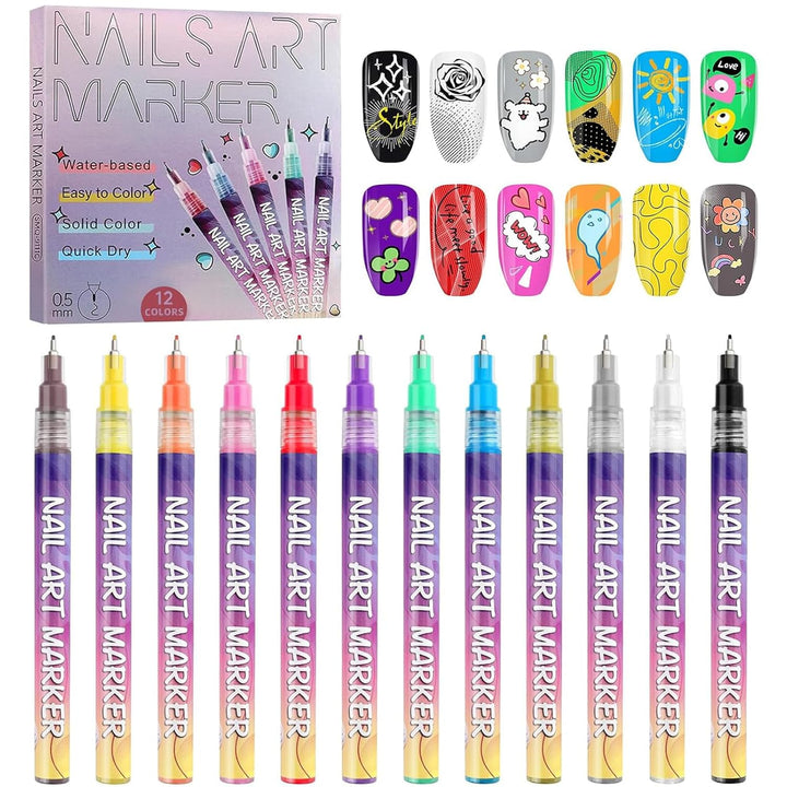 12 Color 3D Nail Art Pens Set,  0.5MM Nail Pens Nail Point Graffiti Dotting Pen Drawing Painting Liner Brush for DIY Nail Art Beauty Adorn Manicure Tools