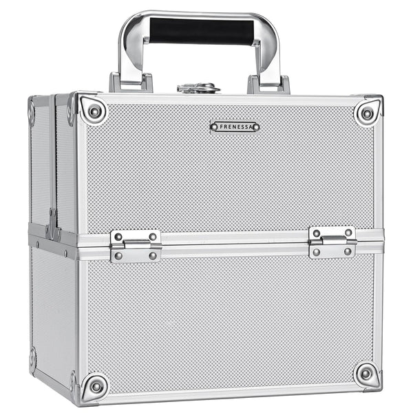 Makeup Train Case Makeup Organizer Box Portable Cosmetic Travel Case with Lock 4 Trays Aluminum Hard Vanity Box Make up Artist Nail Beauty Storage Organizer Cosmetic Suitcase Bright Silver
