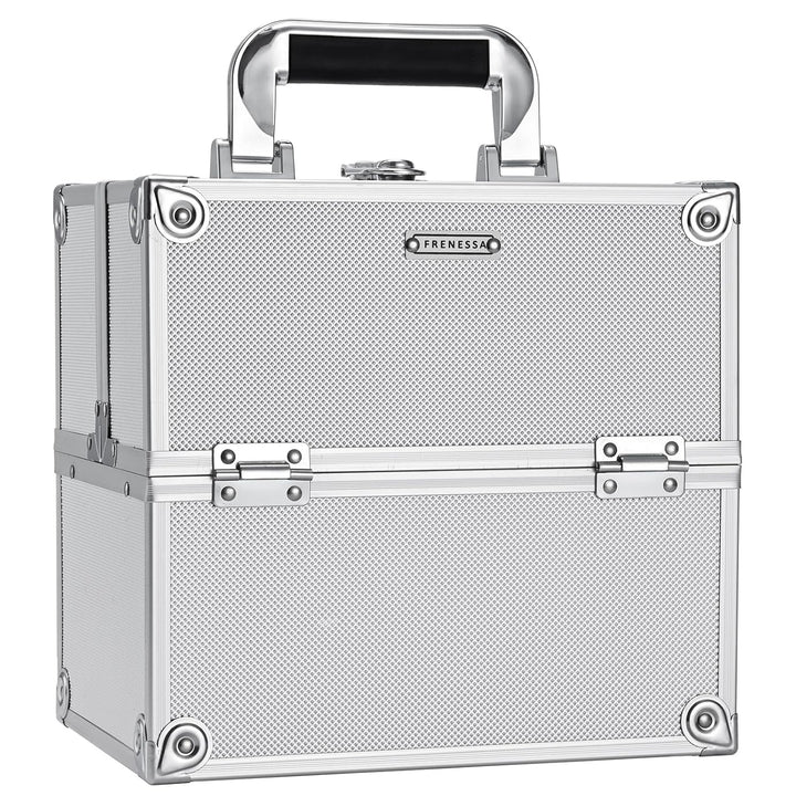 Makeup Train Case Makeup Organizer Box Portable Cosmetic Travel Case with Lock 4 Trays Aluminum Hard Vanity Box Make up Artist Nail Beauty Storage Organizer Cosmetic Suitcase Bright Silver