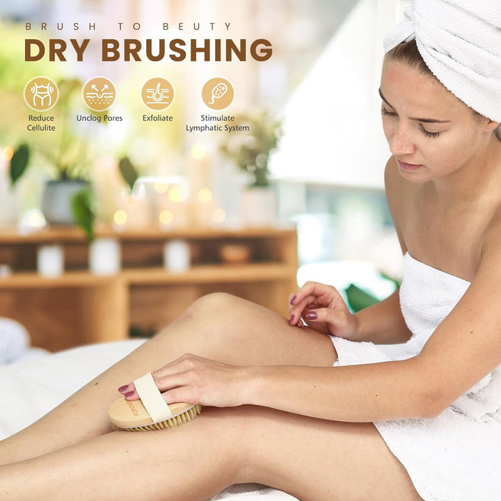 Dry Brushing Body Brush, Natural Bristle Dry Skin Exfoliating Brush Body Scrub for Flawless Skin, Cellulite Reduction, Lymphatic Drainage and Blood Circulation Improvement