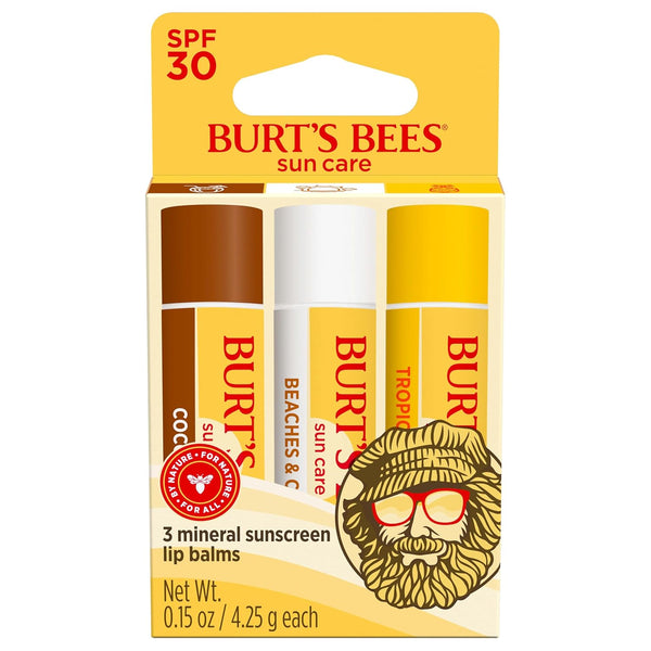 Burt’S Bees SPF 30 Lip Balm, Island Getaway - Coco Loco, Beaches & Cream, Tropic like It'S Hot, Water-Resistant Sun Care, Natural Origin Lip Treatment, 3 Tubes, 0.15 Oz