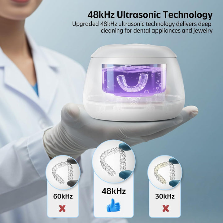 Ultrasonic Retainer Cleaner Machine 48Khz Denture and Aligner Cleaning Pod for Mouth Guards Night Guards Dental Trays Braces Toothbrushes Jewelry with 200ML Capacity (White)