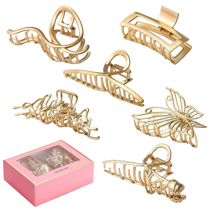 6 Pack Large Metal Hair Claw Clips - 4 Inch Big Gold Hair Clips,Perfect Jaw Hair Clamps for Women and Thinner,Thick Hair Styling,Strong Hold Hair,Fashion Hair Accessories (Style 1)