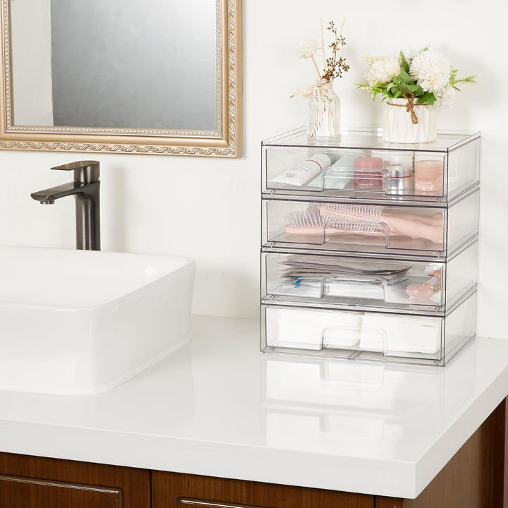 12.1''W Clear Stackable Storage Drawers,2 Pack Acrylic Plastic Organizers Bins for Makeup Palettes, Cosmetics, and Beauty Supplies,Ideal for Vanity, Bathroom,Cabinet,Desk Organization