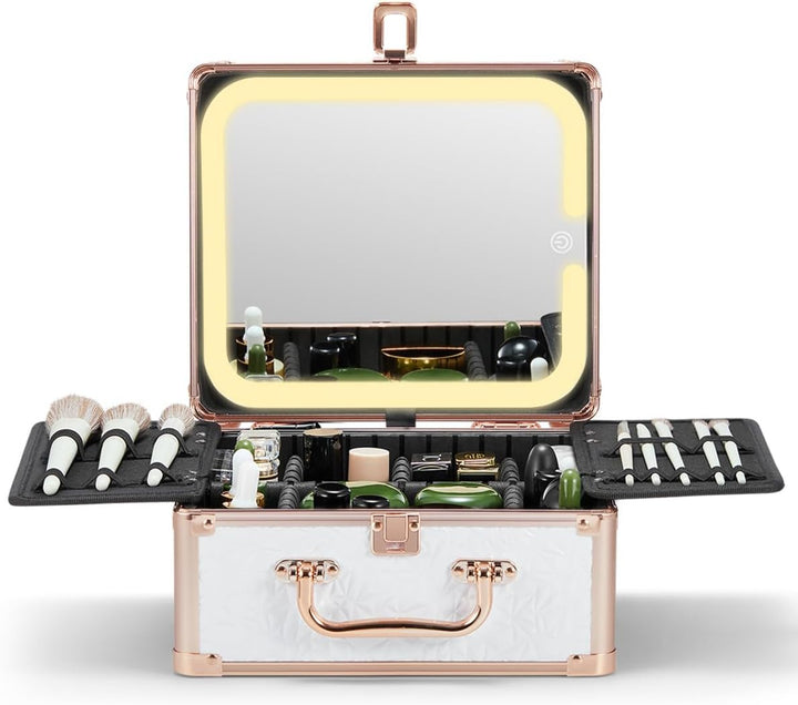 Makeup Box with a Detachable Lighted Mirror, Waterproof Travel Train Case, Cosmetic Organizer and Makeup Suitcase with Adjustable Dividers, Magnetic LED Mirror (Black)