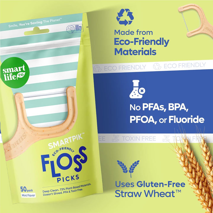 Eco-Friendly Dental Floss Picks (200Ct) - Flossers Made with Straw Wheat Blend, Superior Anti-Shred Thread for Tight Gaps, Tooth Pick Stick for Adults, Soft on Gum & Teeth, Vegan, Mint