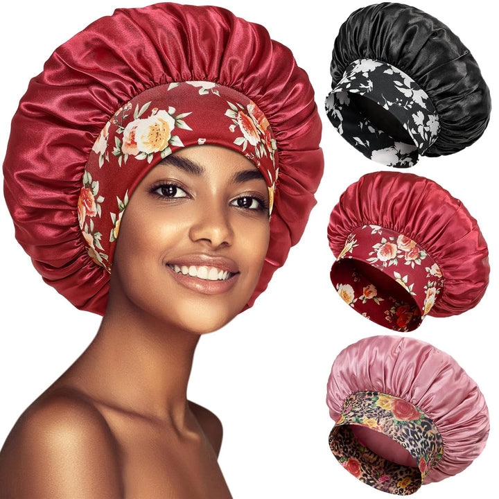 3 Pack Satin Bonnet Silk Hair Bonnet for Sleeping, Sleep Bonnets for Women Large Wide Soft Band Sleep Cap for Curly Hair Braids