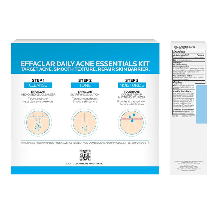 Effaclar Daily Acne Essentials Kit, Acne Treatment System, Salicylic Acid Acne Cleanser, Pore Refining Toner, & Matte Face Moisturizer for Oily Skin & Combination Skin, Oil-Free, 2 Month Supply