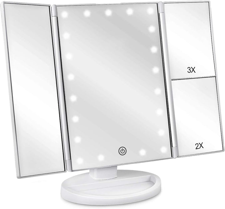 Dresser Mount Tri-Fold Lighted Vanity Mirror with 21 LED Lights, Touch Screen and 3X/2X/1X Magnification, Two Power Supply Modes Make up Mirror,Travel Mirror