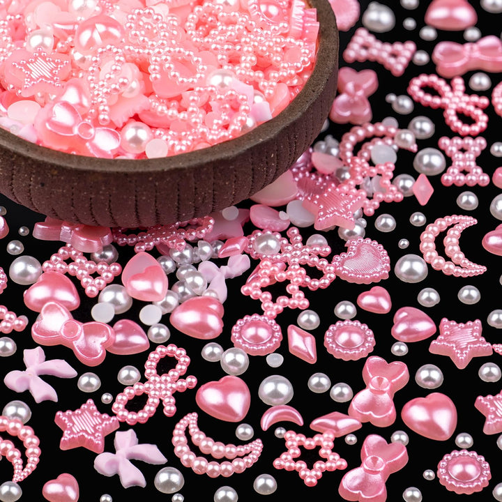 600Pcs 3D Multi Shapes Nail Charms and Flatback Pearls, White Mix Styles Heart Star Bow Sunflower Embellishments for Nail Art, Craft and Decoration with Glue Gel, Tweezer and Pickup Pencil