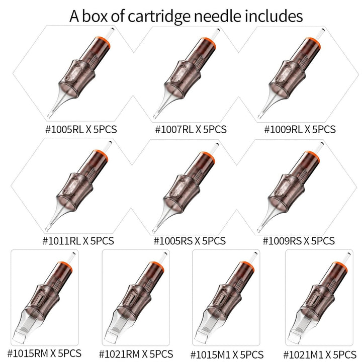 50 Assorted Tattoo Cartridge Needles Mixed Size #10 Bugpin round Liner Shader Magnum - 5 Pcs Each of 5RL, 7RL, 9RL, 11RL, 5RS, 9RS, 15M1, 21M1, 15RM, 21RM Pro Disposable Membrane Tattoo Needles