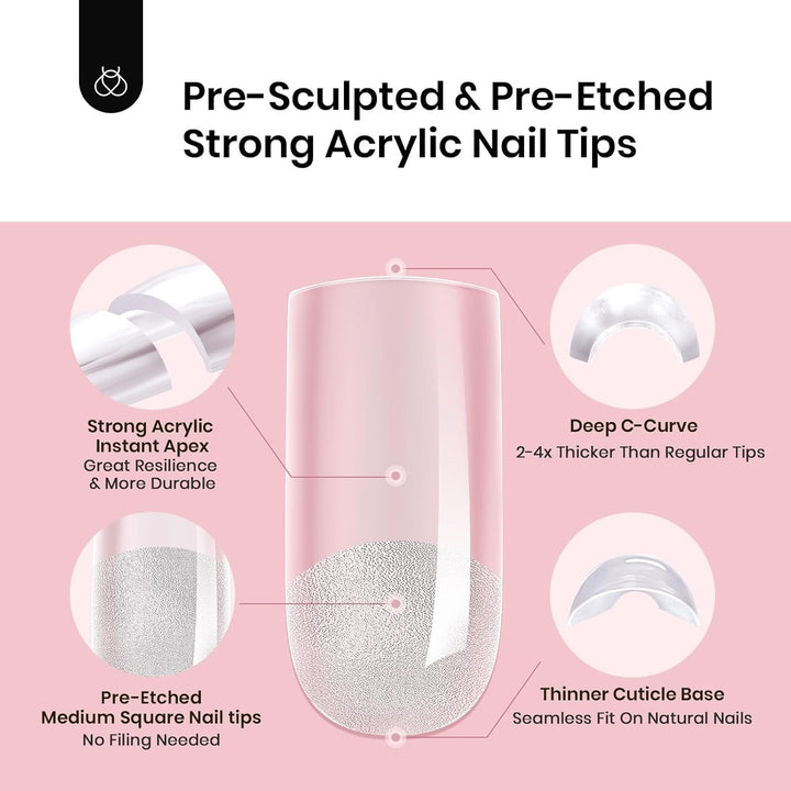 Beetles Tipex Nail Kit, Square Medium Nail Tips 224 Pcs 16 Sizes Pre-Etched Fake Nails with Tipex Nail Glue Mini Nail Lamp - Thick Acrylic Nail Set Pre-Builder Gel Press-On Nails