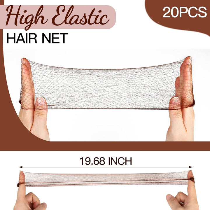Hair Accessories Set: 20PCS Mesh Hair Nets Invisible and 40PCS U Shaped Hair Pins for Women, Girls, Ballet Bun Maker & Dance (Hair Nets- 20 Inch(50Cm), Hair Pins- 2.4 Inch(6Cm)), Brown