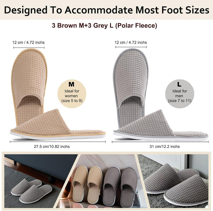 6 Pairs Disposable Slippers for Guest, Non Slip Spa Slides Washable Reusable House Shoes Hotel Indoor Slippers for Women Men, Home,Travel
