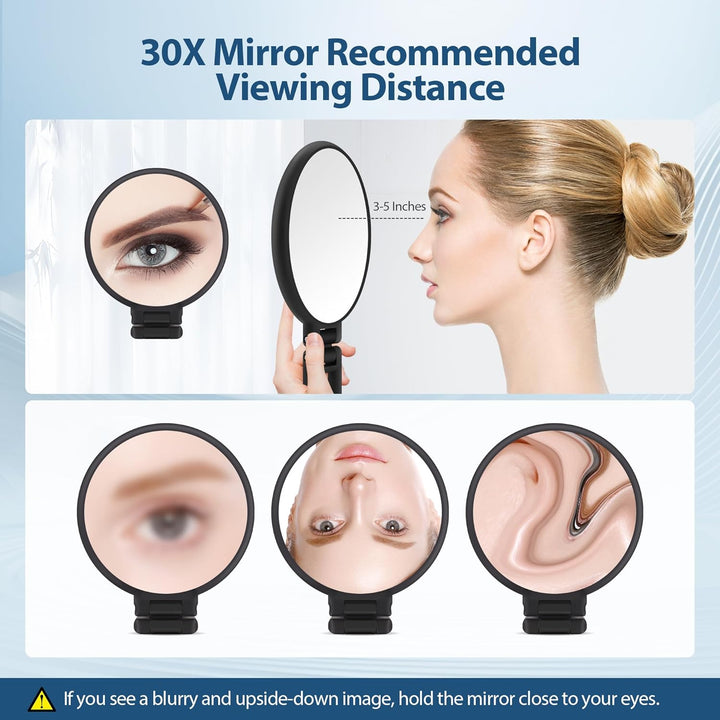 30X Magnifying Mirror, Hand Mirror with Handle, Double Sided Hand Mirror with 30X/1X Magnification, Travel Essential Portable Foldable Makeup Mirror for Precision Makeup Black