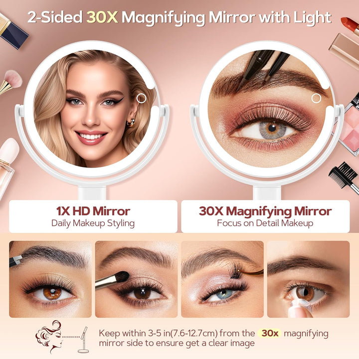 Makeup Mirror with Lights, Lighted Magnifying Mirror 30X with 3 Lighting and Adjustable Brightness, 2-Sided Height Adjustable Vanity Mirror for Bathroom, Gifts for Women White