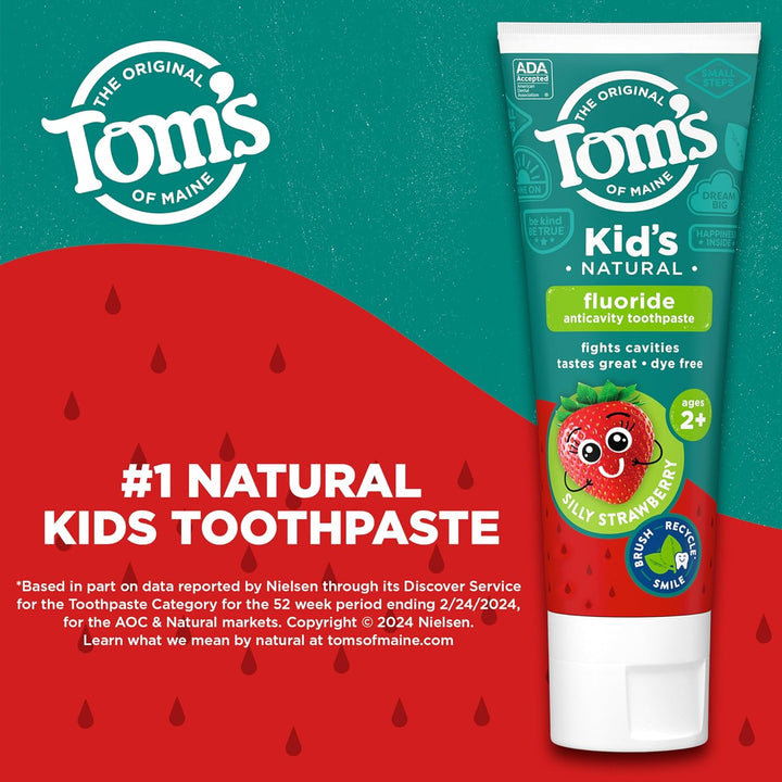 ADA Approved Fluoride Kids Toothpaste, Natural Toothpaste, Dye Free, No Artificial Preservatives, Silly Strawberry, 5.1 Oz. 3-Pack (Packaging May Vary)