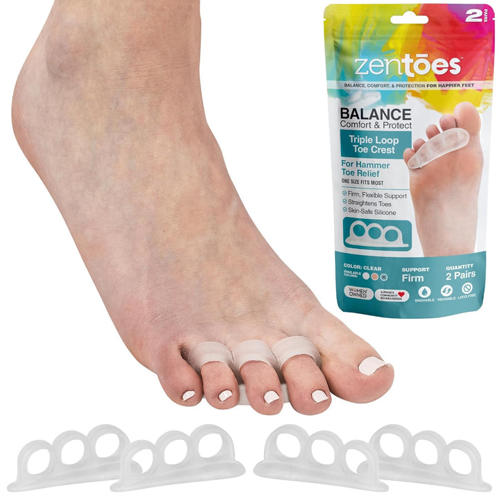 Hammer Toe Corrector for Women & Men | Triple Loop Gel Toe Spacers & Separators | Realign Bent, Crooked, Curled, Claw, Hammertoes | Soft Support for Straightening | 4 Pack, Beige