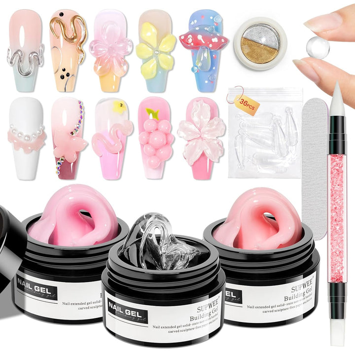 3D Nail Art Gel Clear and White Solid Builder Gel for Nails Non-Stick Hand Sculpture Hard Gels with Dual Form for Carving Patterns Decoration Nail Art Home Manicure DIY for Women