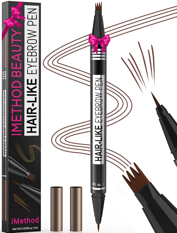 Microblading Eyebrow Pen - Eyebrow Pencil Magical 2-In-1 Dual-Ended Eye Brow Pencils for Women with 4-Fork-Tip & Precise Brush-Tip Create Natural Hair-Like Brows, Last All-Day, Dark Brown