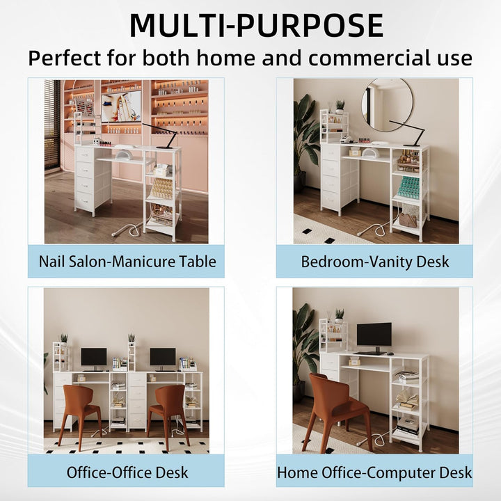 Manicure Table Nail Desk for Nail Tech with Drawers and Power Outlet,Nail Beauty Table with Storage and Open Shelves for Home,Workshop,Makeup Beauty Salon Workstation (White)