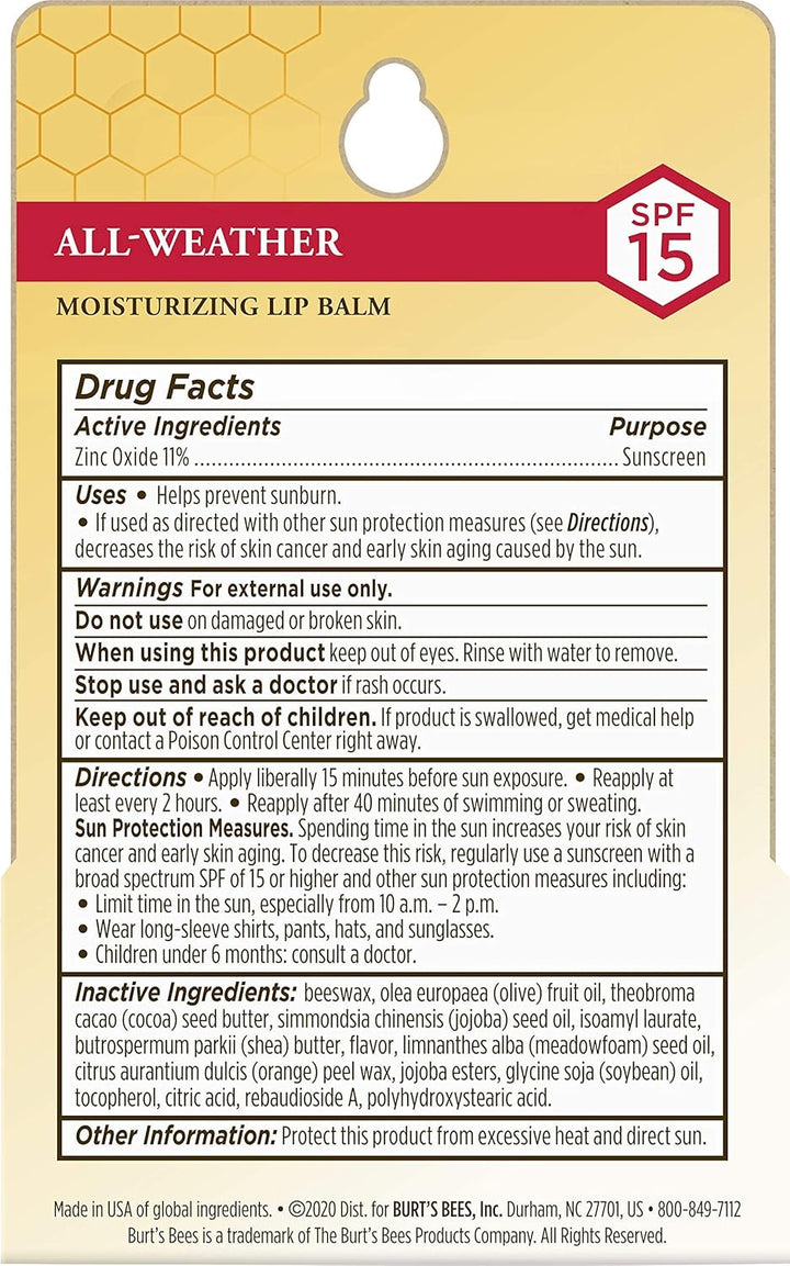 All Weather SPF 15 Lip Balm, Water-Resistant Lip Moisturizer, Tint-Free, Natural Conditioning Treatment, 2 Tubes, 0.15 Oz.