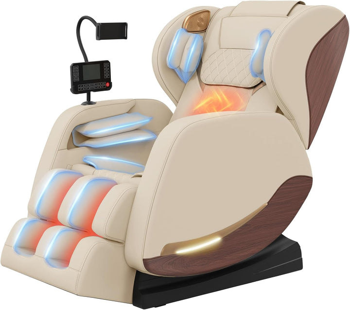 2025 Massage Chair, Massage Chairs Full Body and Recliner with 10 Fixed Points, Zero Gravity, Wood Grain Leather, Foot Massage, Airbags, Lumbar Heating, Bluetooth and Control Screen (Creamy White)