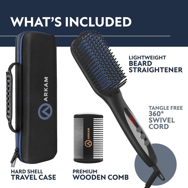 Beard Straightener for Men -Premium Heated Beard Brush Kit W/Anti-Scald Feature, Dual Action Hair Comb and Hard Shell Travel Case for Medium to Long Beards - Costume and Grooming Gifts for Men