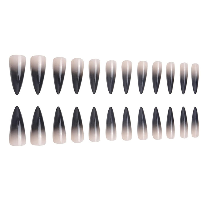 Stiletto Press on Nails Extra Long Fake Nails with Glue Glossy False Nails with Black Gradient Designs Full Cover Almond Acrylic Nail 24Pcs