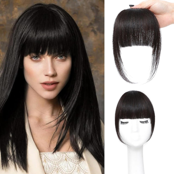 Clip in Bangs 100% Real Human Hair Extensions Wispy Natural Black Fake Bangs Hair Clip on Bangs for Women Fringe with Temples Hairpieces Faux Bangs for Daily Wear